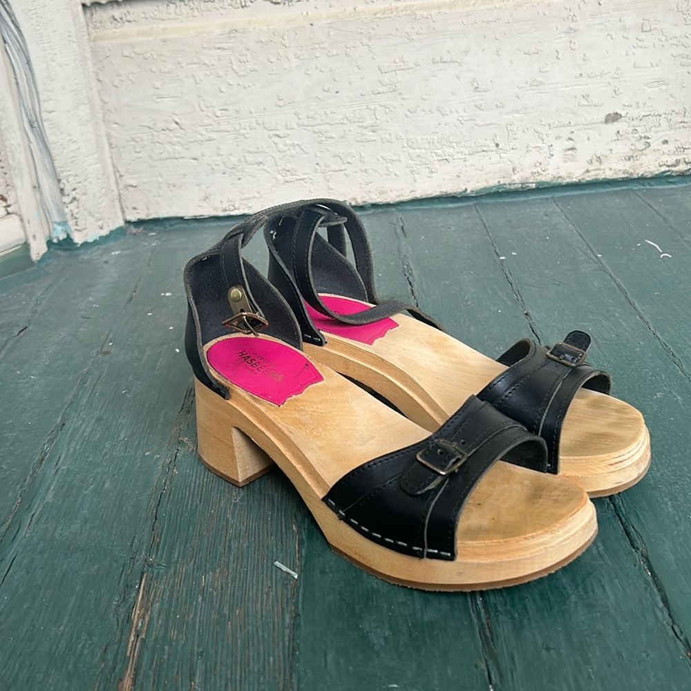 Swedish Hasbeen Black Wood Heel Sandals, sz 38